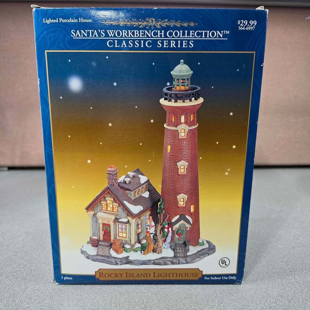 Santa's Workbench Rocky Island Lighthouse 2001 Red Porcelain Village Excellent